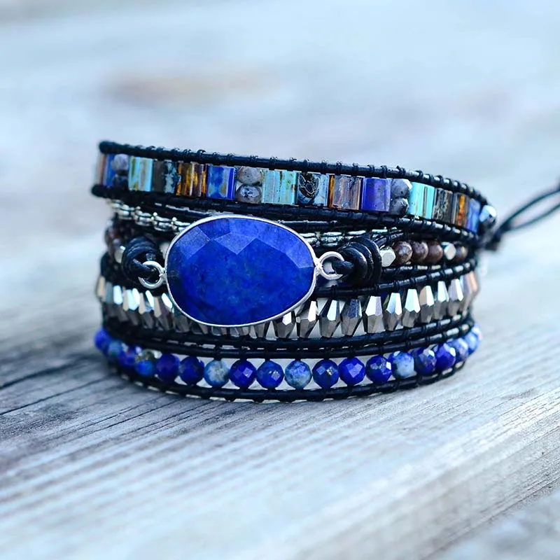 Браслет из натурального камня Lapis, винтажный кожаный браслет в стиле бохо ручной работы, 5 браслетов для женщин и мужчин, Прямая поставка