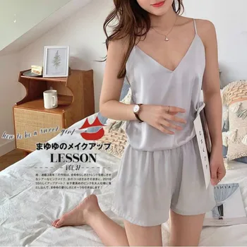 

Hot Sale Sexy Silk Pajama Sets Summer Women Nightgown Sling Sleeveless Sleepcoat Vest Shorts 2 Pcs Pyiamas Home Wear