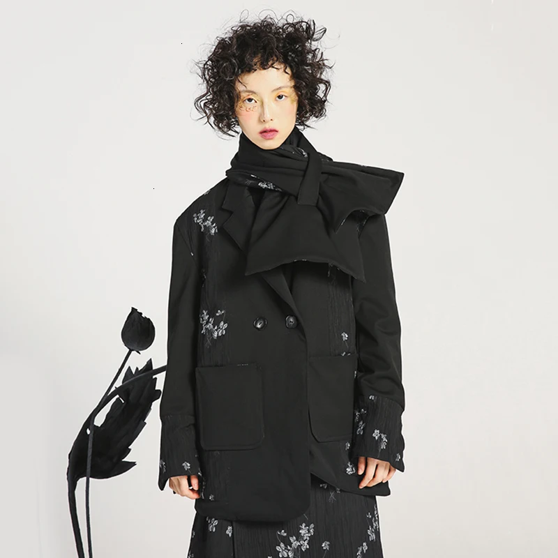 Loose Fit Black Both Side Wear Print Cotton-padded Jacket New Lapel Long Sleeve Women Coat Fashion utumn Winter 149