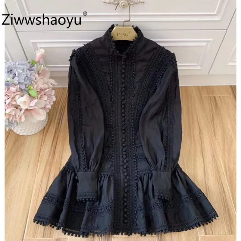 

Ziwwshaoyu 100% Cotton Autumn Winter Lantern Sleeve Manual Embroidery Single-Breasted Designer High End Party Black Dress Women's
