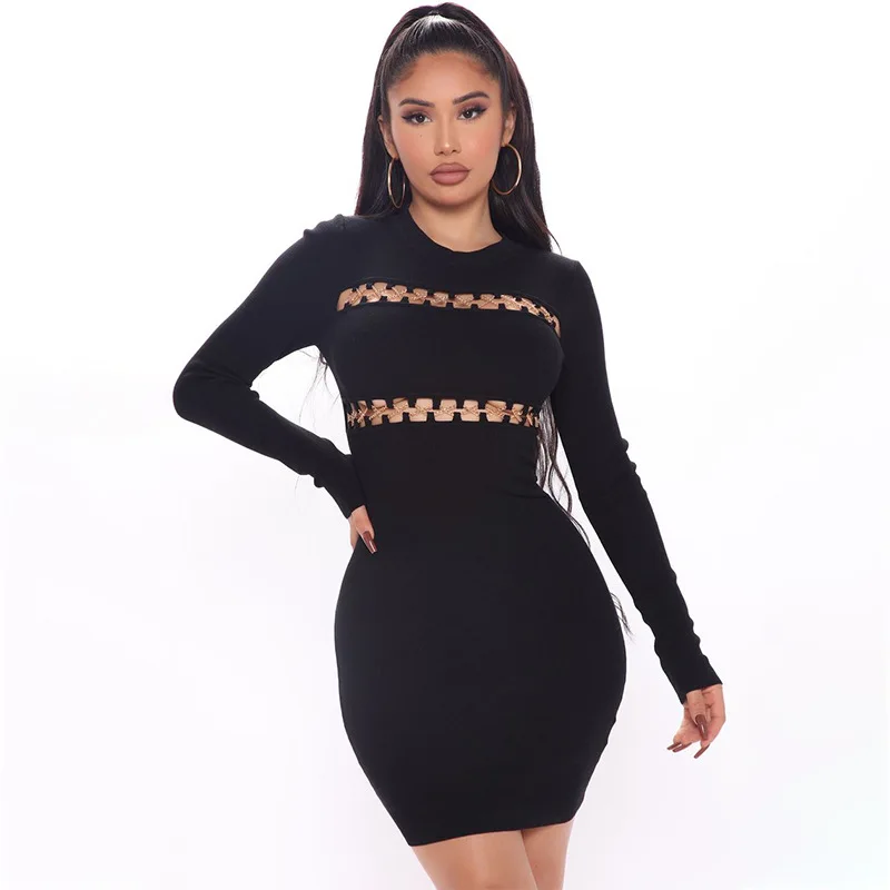 2021 New Spring Women Black Bodycon Bandage Dress Sexy Hollow Out Long Sleeve Club Celebrity Evening Party Mini Dress Vestidos