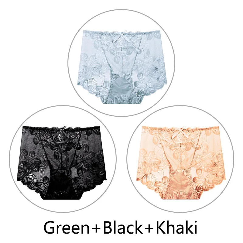 Green Black Khaki 3 шт., сексуальные кружевные трусики, женское дышащее нижнее белье с высокой талией, бесшовные трусы, прозрачные сетчатые удобные нижнее белье, Новинка - Цвет: Green Black Khaki