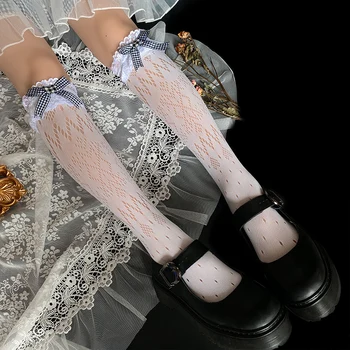 

Japanese Cute Bowknot Love Heart Lace Socks Lolita Mid Socks Women Plaid Heap heap socks Kawaii Stockings Cosplay