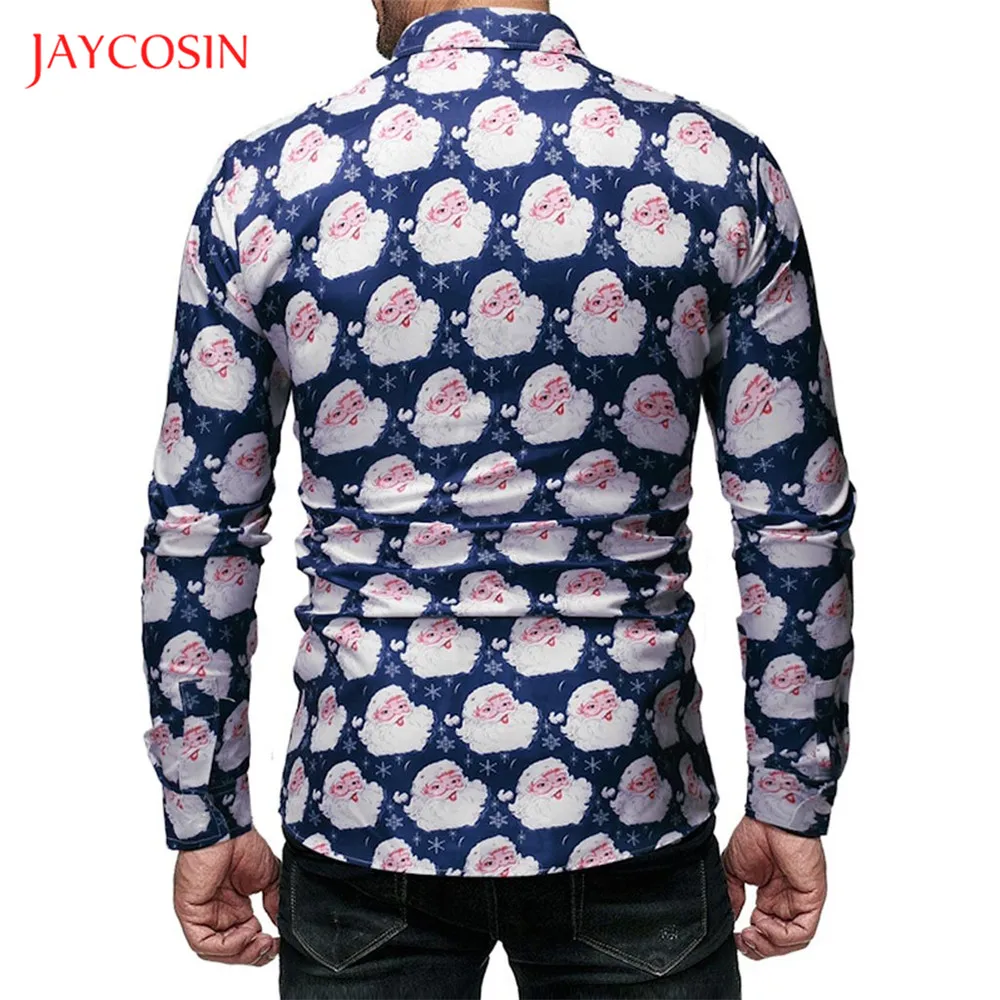Joycosin Рождественская зимняя мужская рубашка модная мужская одежда Санта Клаус Снежинка принт длинный рукав Облегающая рубашка мужские топы