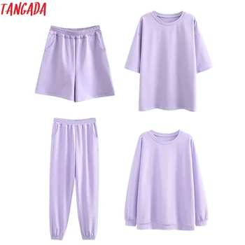 Tangada 2020 סתיו נשים טרי 95% כותנה גדול חליפת סטי o צוואר נים סווטשירט מכנסיים מכנסיים חליפות 6L30