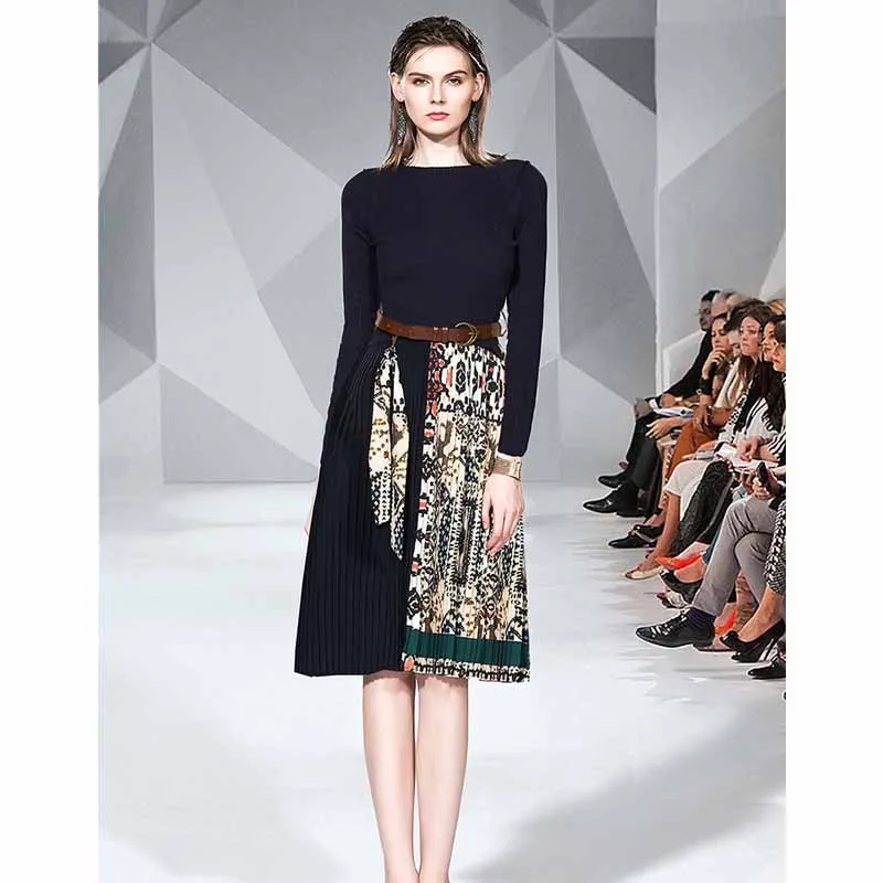 

2019 Autumn fu gu qun over-the-Knee Slim Fit Lace-up Graceful Mid-length High-waisted Pleated Jersey Dress