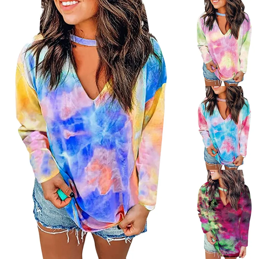 

Women's Oversized Tie-Dye Sweatshirts Sexy V Neck Long Sleeve Casual Loose Pullover Tops Hooded Sweatshirt blusas Tops streewear