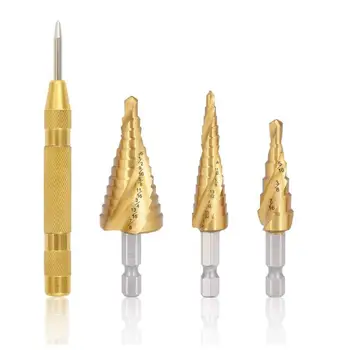 

4PCS HSS Titanium Step Drill Bit Coated Spiral Grooved Drill Tap with Hex Shank Automatic Spring Loaded Center Punch Woodworking