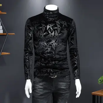 

Autumn Winter Fleece-lined Thickened Turtleneck Long-sleeved T-shirt M-5XL Men Clothing Black Tee Club Outfits Royal T Shirt Men