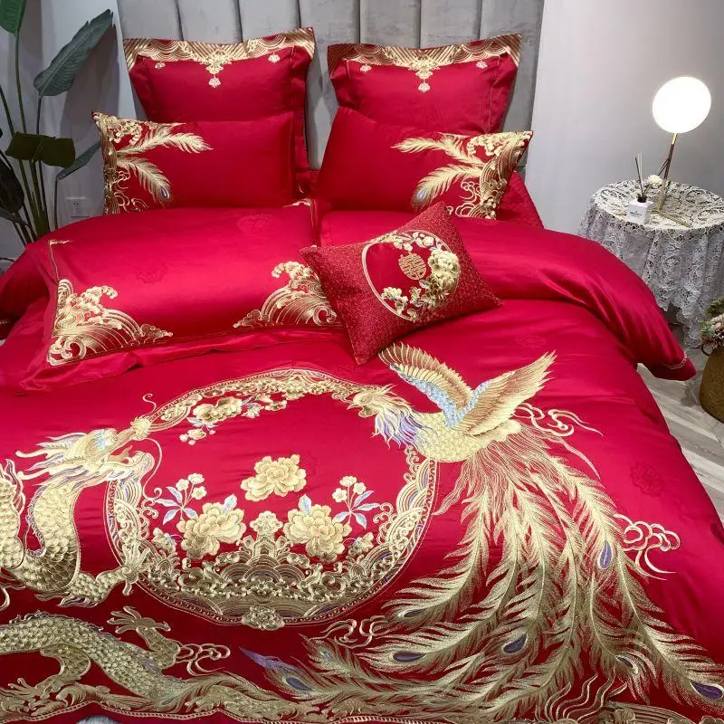Century wedding Bedding Set red embroidery Bed Set 100S Long-staple cotton Duvet Cover Set Queen King size Bed Sheet Pillowcases