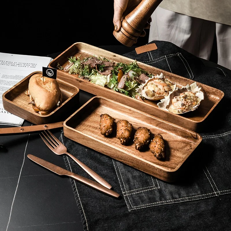 Breakfast Sushi Snack Bread Dessert Cake Wood Serving Tray Square Rectangle Breakfast Sushi Dessert Cake Plate Easy Carry Grooved Handle