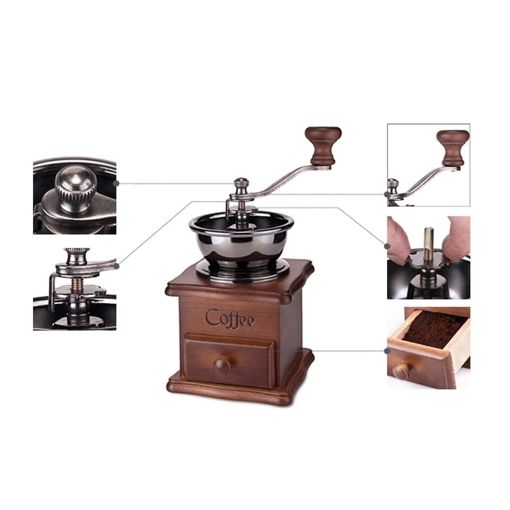 Retro Wood Hand Coffee Bean Grinder Manual Grinding Machine Burr Mill Brown