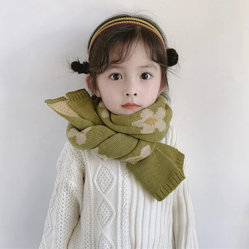 Детские вязаные шарфы с цветочным принтом, теплые осенне-зимние плотные детские шали для мальчиков и девочек, шарфы, аксессуары