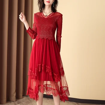 

Plus Size Dress Spring Women's New Lace Mesh Patchwork Three Quarter Sleeve High Stretch Slim Irregular Dress For Women 45-70kg