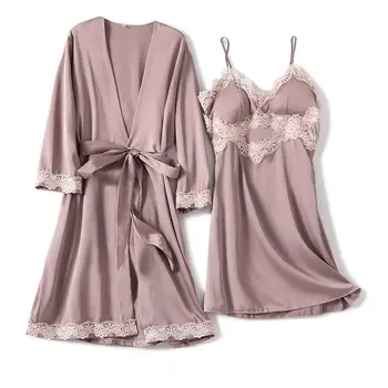 

Casual Kimono Bathrobe Gown Silky Satin Nightdress Sexy Women Lace Nighty&robe Set Sleepwear 2pcs Homewear Solid Wedding Robe