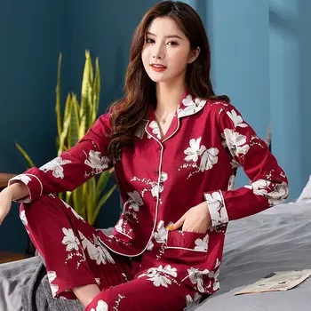 

Women Pajamas Set Autumn New Thin Flower Printed Pijamas Suit Long Sleeve Sleepwear Casual Home Clothes Pyjamas Femme Nightwear