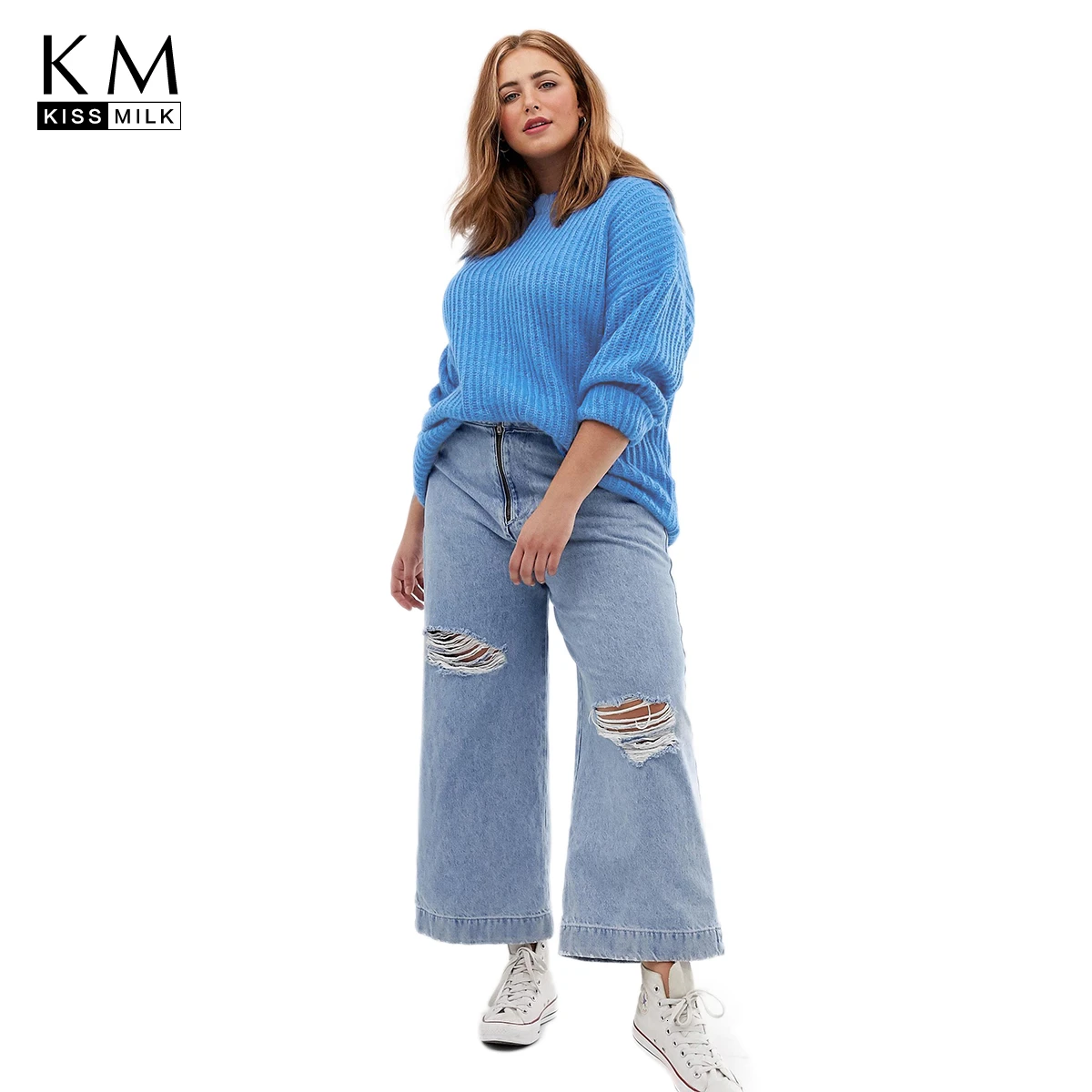 

Kissmilk Plus Size Woman Clothes Simple Wind Down Shoulder Warm Long Sleeve Pullover Sweater