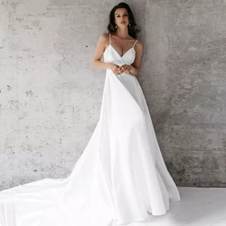 White Strapless Wedding Dresses with High Satin Zipper Back Brush Train Bridal Gowns Spaghetti Strap Dresss Sleeveless Vestidos