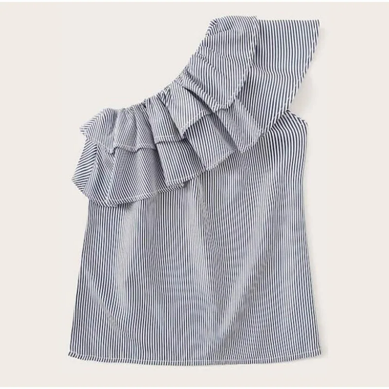 Plus Size Sexy One Shoulder Irregular Women Camis Tops 3XL 4XL Summer Layered Ruffle Striped Tanks Blusas Party Female