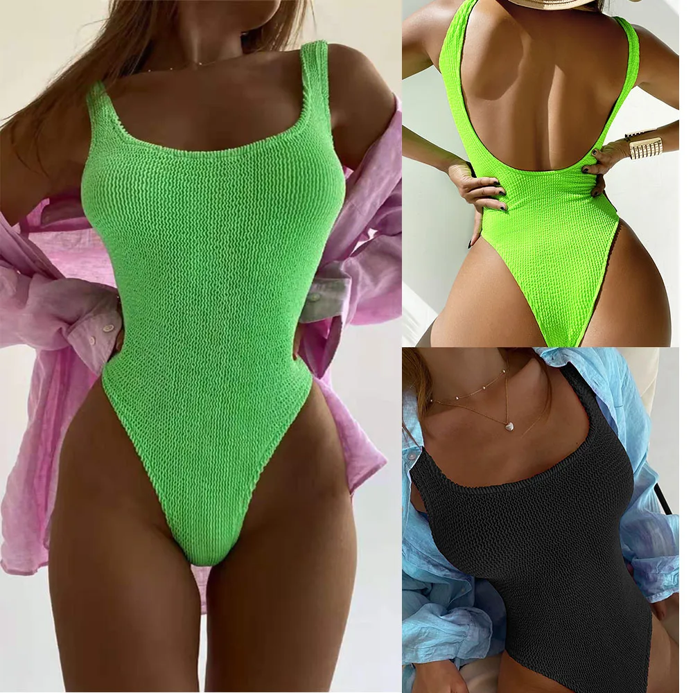 New Fold Yellow Black Red One Piece Swimsuit Swimwear Women High Waist Bathing Suits Sexy Backless Bodysuit Maillot De Femme | Спорт и