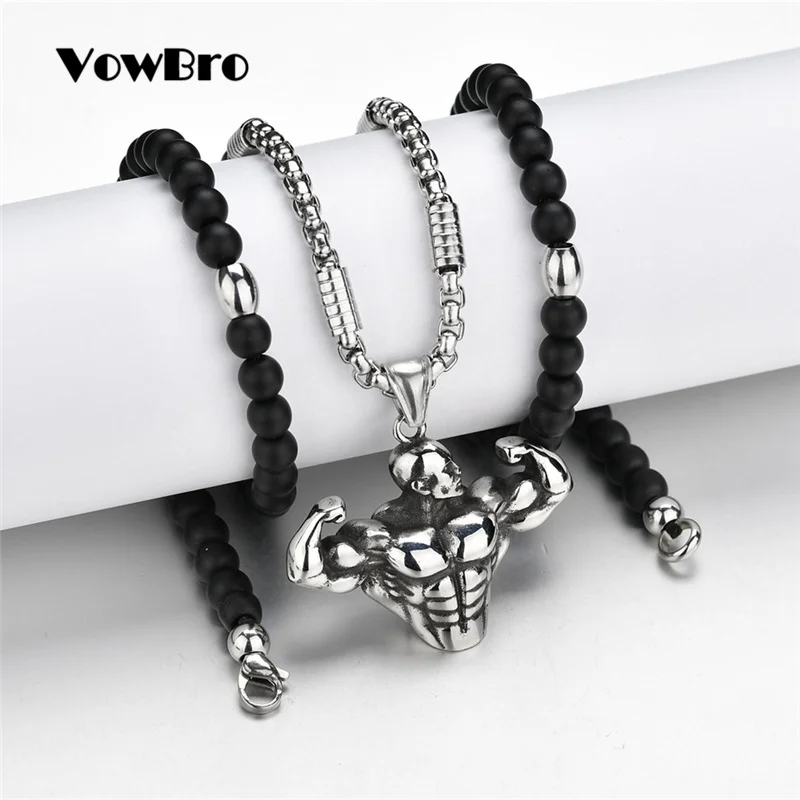VowBro Strong Pendant Necklaces Long Stainless Steel Chain Muscle Men