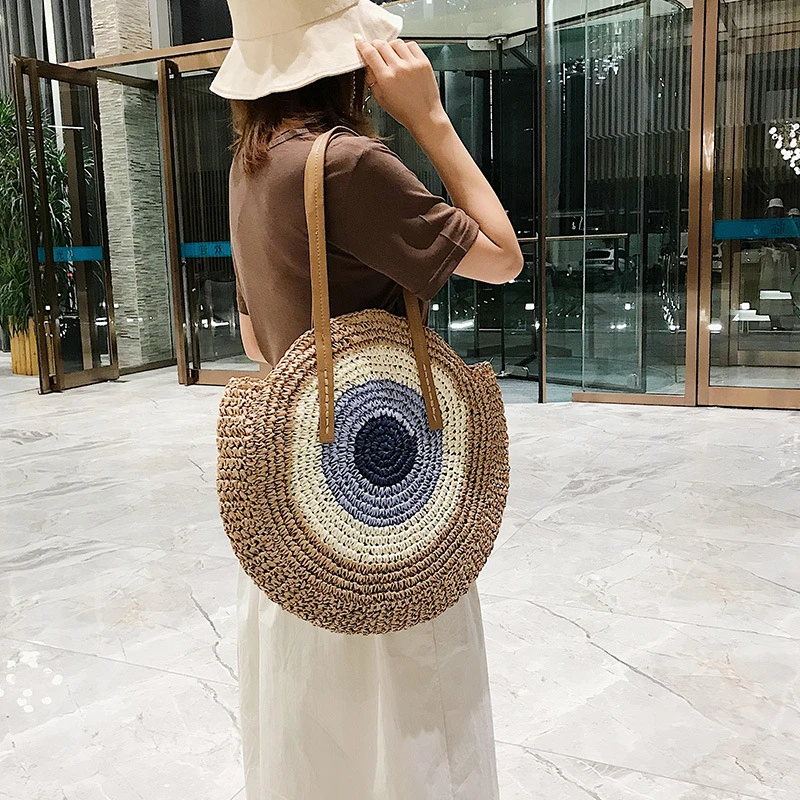 Bolso de playa de paja para mujer, de rafia tejida a mano de bohemio e informal y con diseño redondo para el verano|Bolsos de - AliExpress