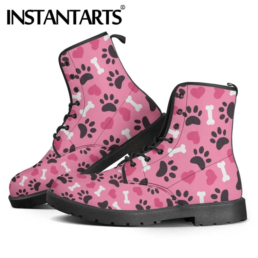 

INSTANTARTS Woman Winter Snow PU Leather Boots Shoes Green Pink Animal Foot Prints Plus Size Flat Warm Botas Mujer Invierno 2019