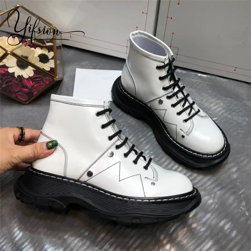 

OLOME New Fashion Black White Genuine Leather Women Boots Round Toe Lace Up Autumn Ankle Boots Real Leather Shoes Woman