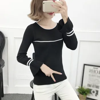 

Fashion Autumn Woman Long Sleeve Ruffled Sleeve Top Slim Solid Color Casual Knit Sweater