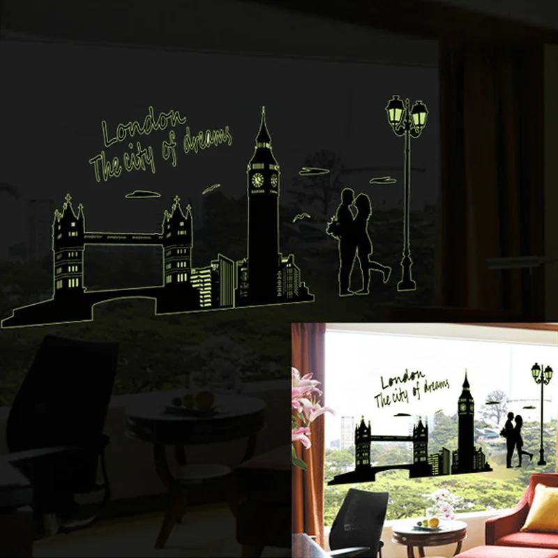 Съемные Светящиеся Настенные наклейки лондонские часы башня флуоресцентные DIY Декоративные наклейки для обоев Фреска для комнаты наклейка JS22