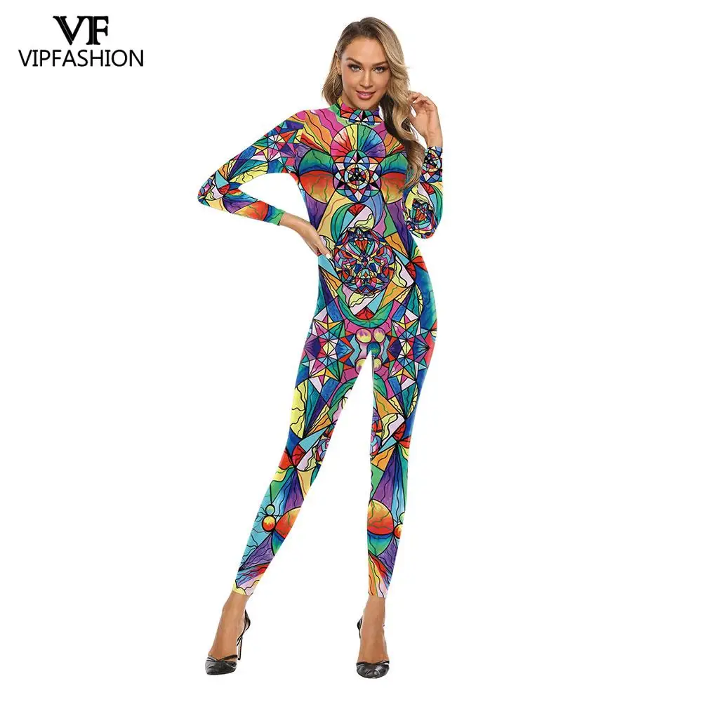 

VIP FASHION Printed Jumpsuits Female Romper Ladies Bodysuit Women Club Party Sexy Bodysuit Art Printed Colorful