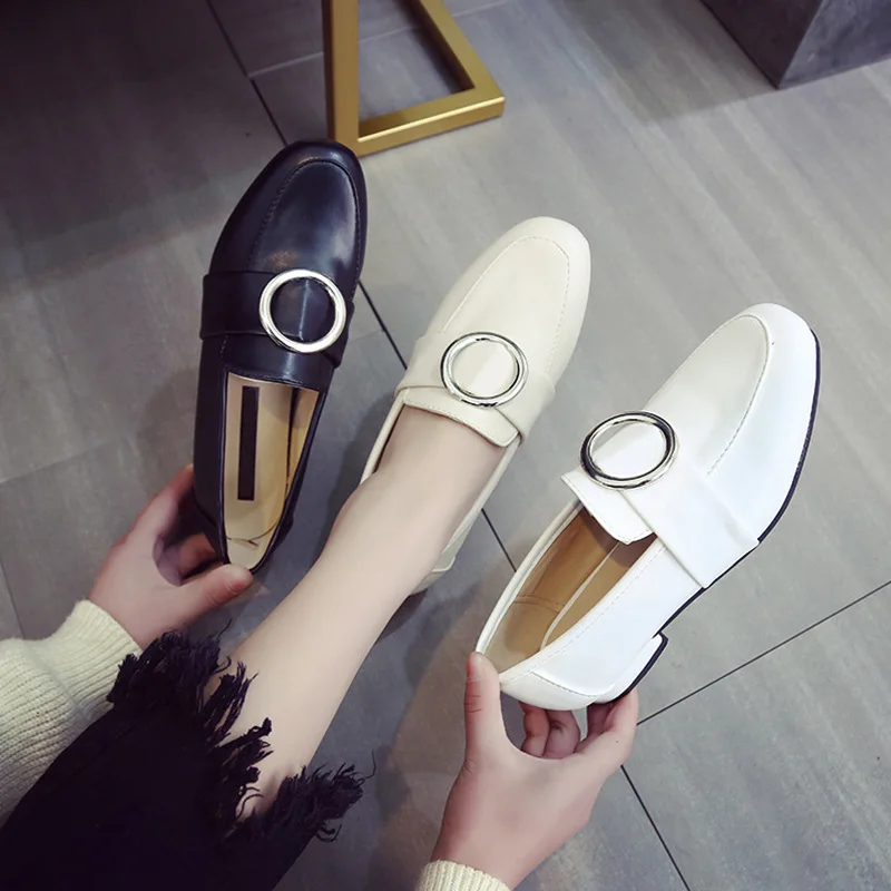 

2019 New Style England Retro round Buckle Chunky-Heel Small Leather Shoes Women's Versatile Elegant Black Thin Shoes Peas Red Fe