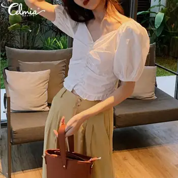 

Summer Tops 2020 Celmia Women Short Puff Sleeve Shirts Stylish Blouse Sexy V-neck Ladies Casual Bead Slim Ruffled Blusas Mujer