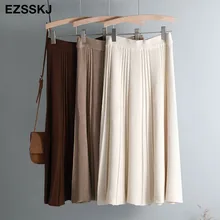 Винтажная зимняя женская Плотная юбка-свитер эластичная высокая талия плиссированная миди трикотажная юбка трапециевидная Женская однотонная элегантная юбка