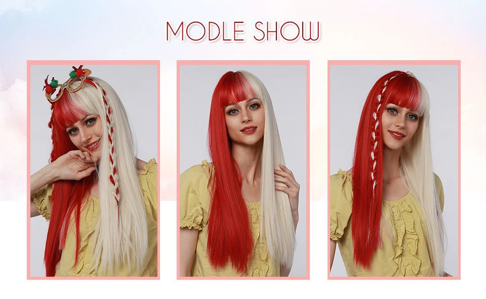 New blonde and red wig with thick bangs cosplay Strawberry Blonde Wavy Synthetic Wig with Bangs Beth Dutton  main image 2