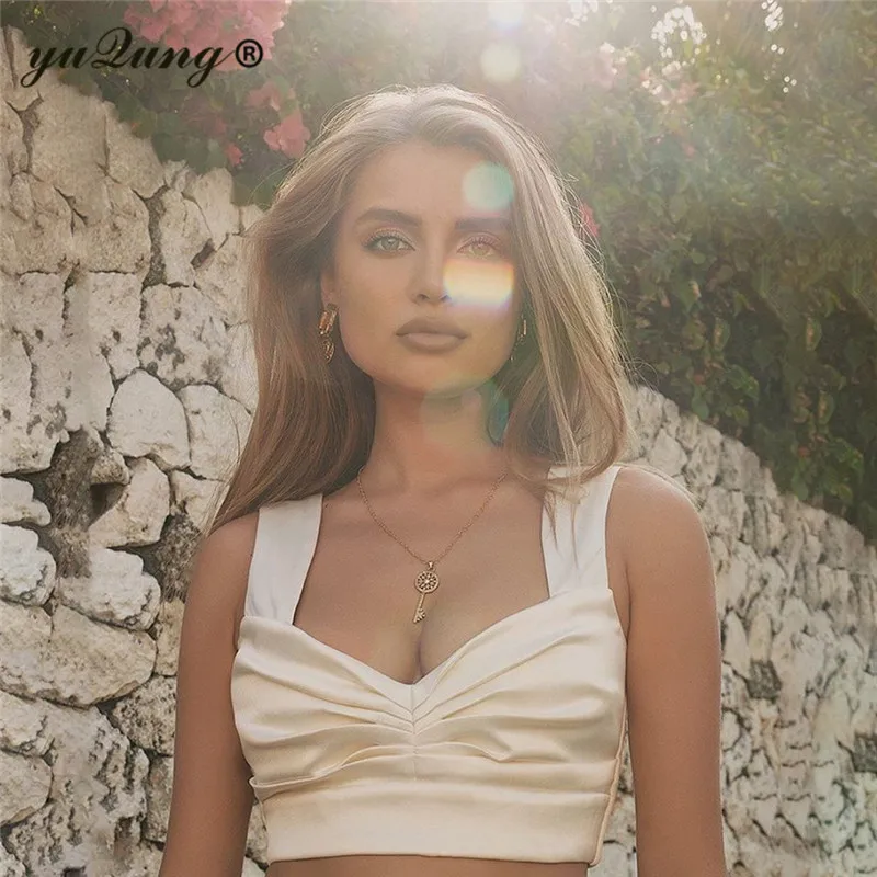 yuqung Women satin silk v neck Camis Streetwear Summer Ruched Pleated Short Tank Tops 90s Cool Girls Slim Crop Top Tees | Женская одежда