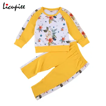 

2 Pieces Baby Boy Autumn Kids Suit Set, Floral Print Round Neck Long Sleeve T-shirt+ Trousers, Yellow/wine Red 1-5 Years