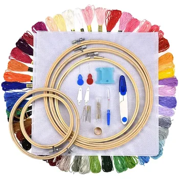 

50/100Colors Cross Stitch Kits with Embroidery Apparel Hoop Embroidery Kit Colored Threads Tools For Adults Beginners 1#