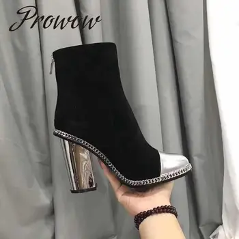 

Prowow New Suede Leather Open Toe Zip Side Ankle Boots Chain Trimmed Zip Back Thick Heel High Heel Boots Shoes Women