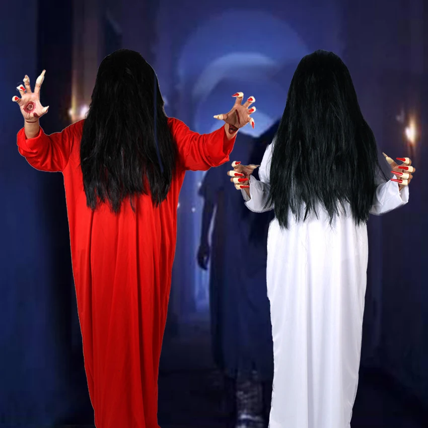 

Halloween Scary Costume for Women Man Party Gothic Ghost Sadako Vampire Horror Terrify Gown Wig Room Escape Stage Performance