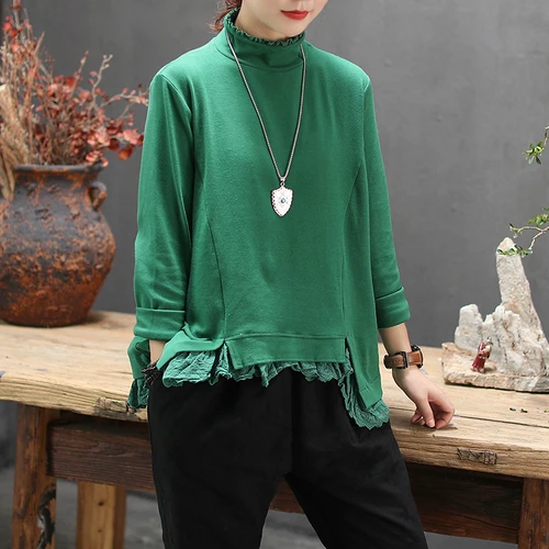 GREEN t shirt Зеленая футболка с высоким воротником и асимметричным подолом с круглым вырезом s с оборками по краям Женская Повседневная футболка с длинным рукавом Z3 - Цвет: GREEN t shirt