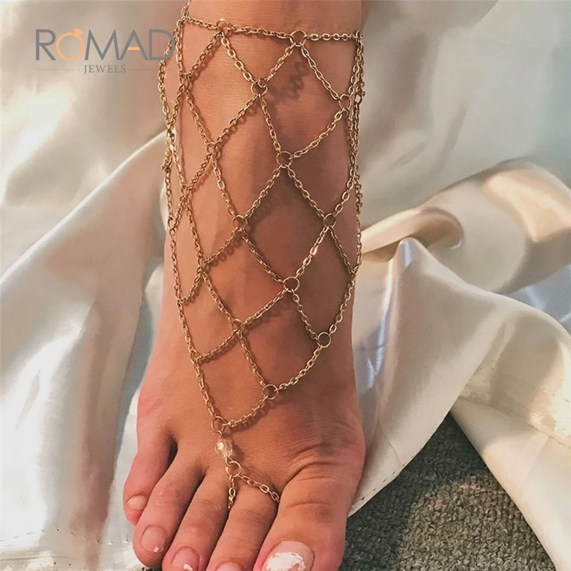 

Simple Chain Anklet Punk Ring Anklet Multi-Finger Ring Connected Hollow Out Anklet For Women Bracelet Summer Jewelry Gifts R40