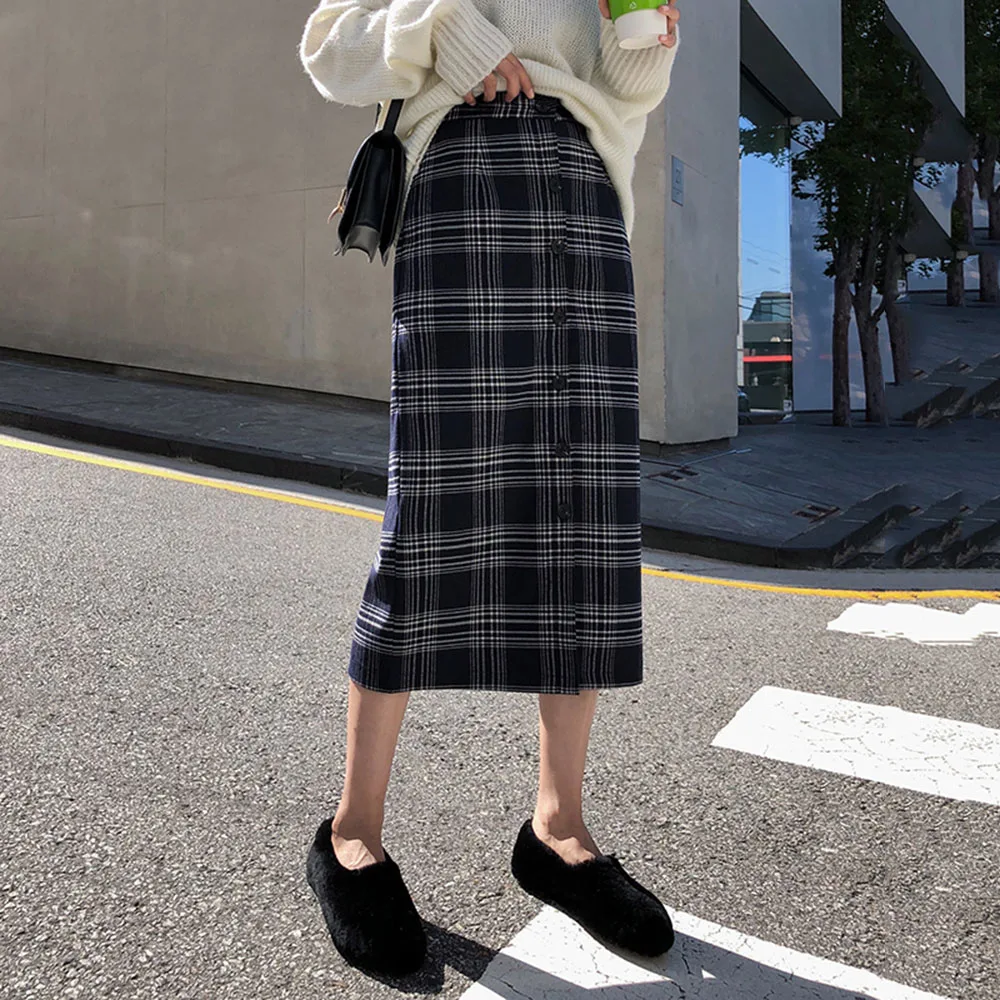 

Women Autumn Retro Grey Plaid Skirt Female Winter Korean Style Casual Elegant High Waist Bodycon Skirts Plus Size 2XL jupe femme