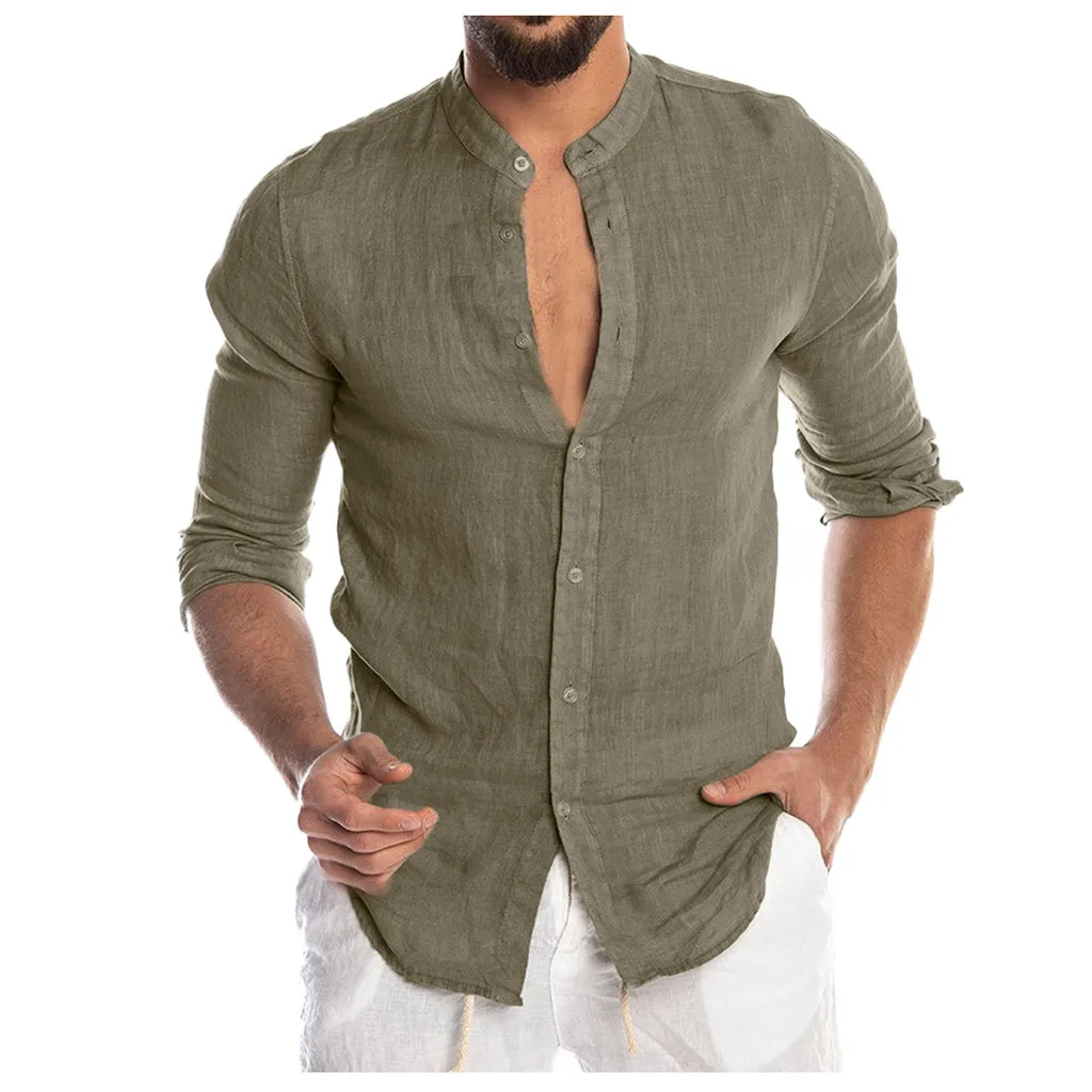 Army Green Модные мужские повседневные пляжные топы с круглым вырезом и пуговицами, осенние мужские простые однотонные свободные рубашки с длинными рукавами, мужские рубашки - Цвет: Army Green