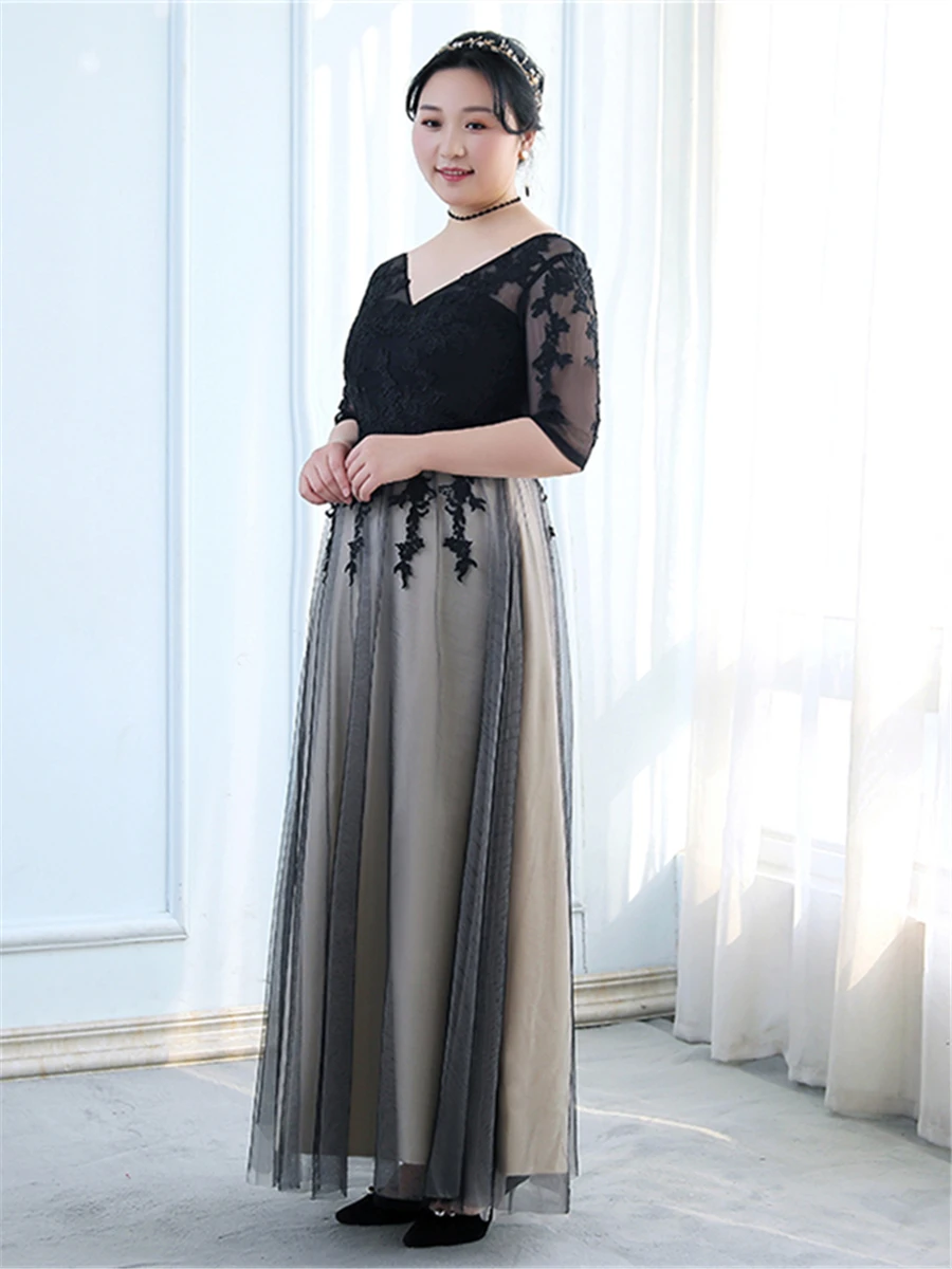 Официальное платье с глубоким v-образным вырезом, рукав до локтя, Robe De Soiree, новинка размера плюс, черное, длина до пола, женские вечерние платья, вечерние платья T195
