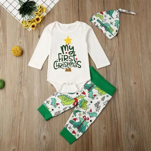 Pudcoco/комплект из 3 предметов; хлопковая одежда для новорожденных девочек и мальчиков; рождественское боди «My 1st»; длинные штаны с динозавром; шляпа; наряды
