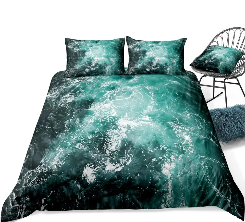 3D Sea Water Duvet Cover Set White Foam and Waves Pattern Bedding Ocean Quilt Cover Queen Blue Home Textiles Teens 3pcs Dropship