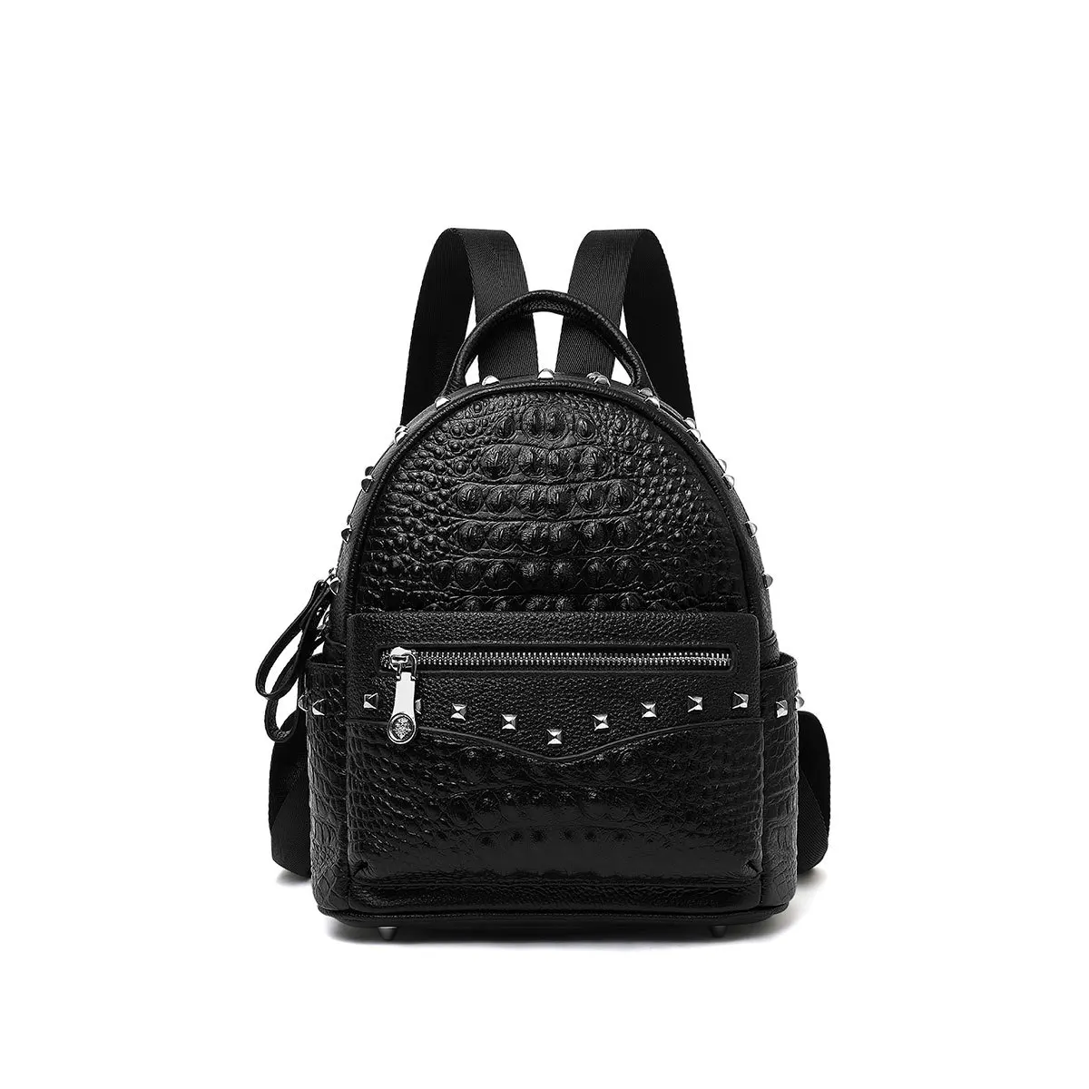 

[Textured Crocodile Pattern Large-Volume] First Layer WOMEN'S Cow Leather Bag Light Luxury Simple Rivet Women's Versatile Backpa
