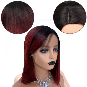 

DLME Bob Ombre Red Yaki Frontal Wig With Natural Hairline Red Synthetic Lace Front Wig For Black Women
