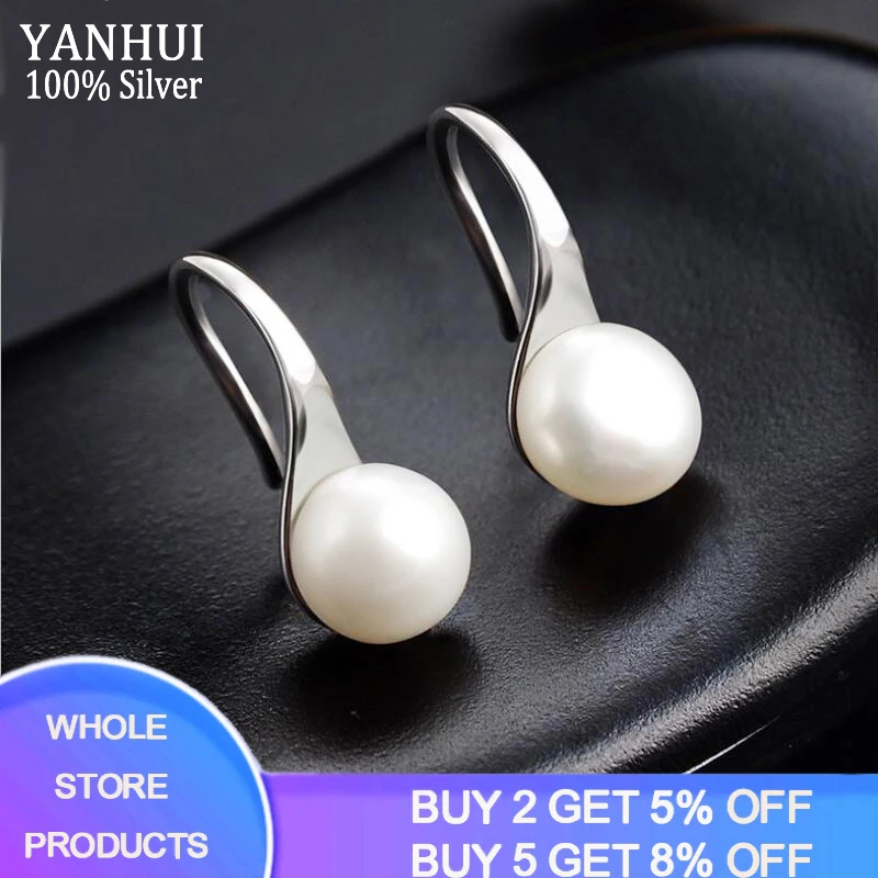 

100% Original 925 Sterling Silver Big Natural Pearl Earrings Simple Round White Pearl Drop Earrings Fine Jewelry For Women ED467